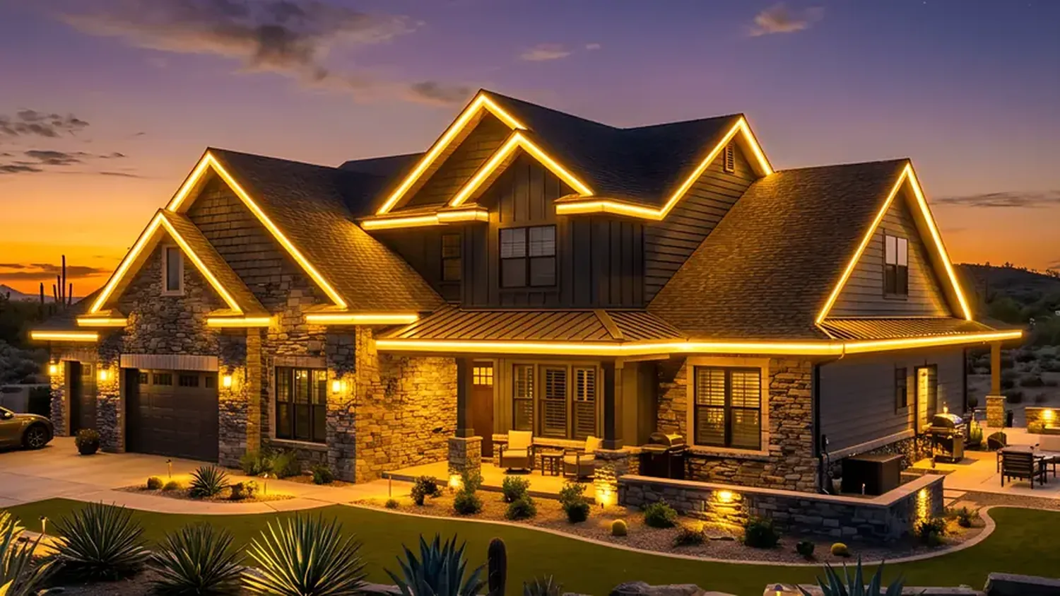 The same home at night with warm white permanent roofline lighting glowing along every eave and gable