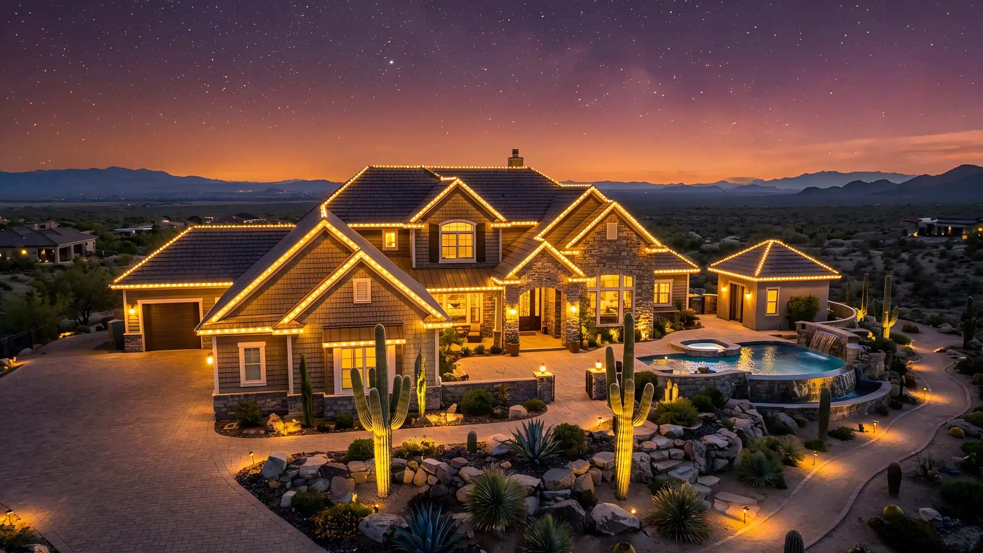 Las Vegas home with permanent architectural roofline lighting glowing at night